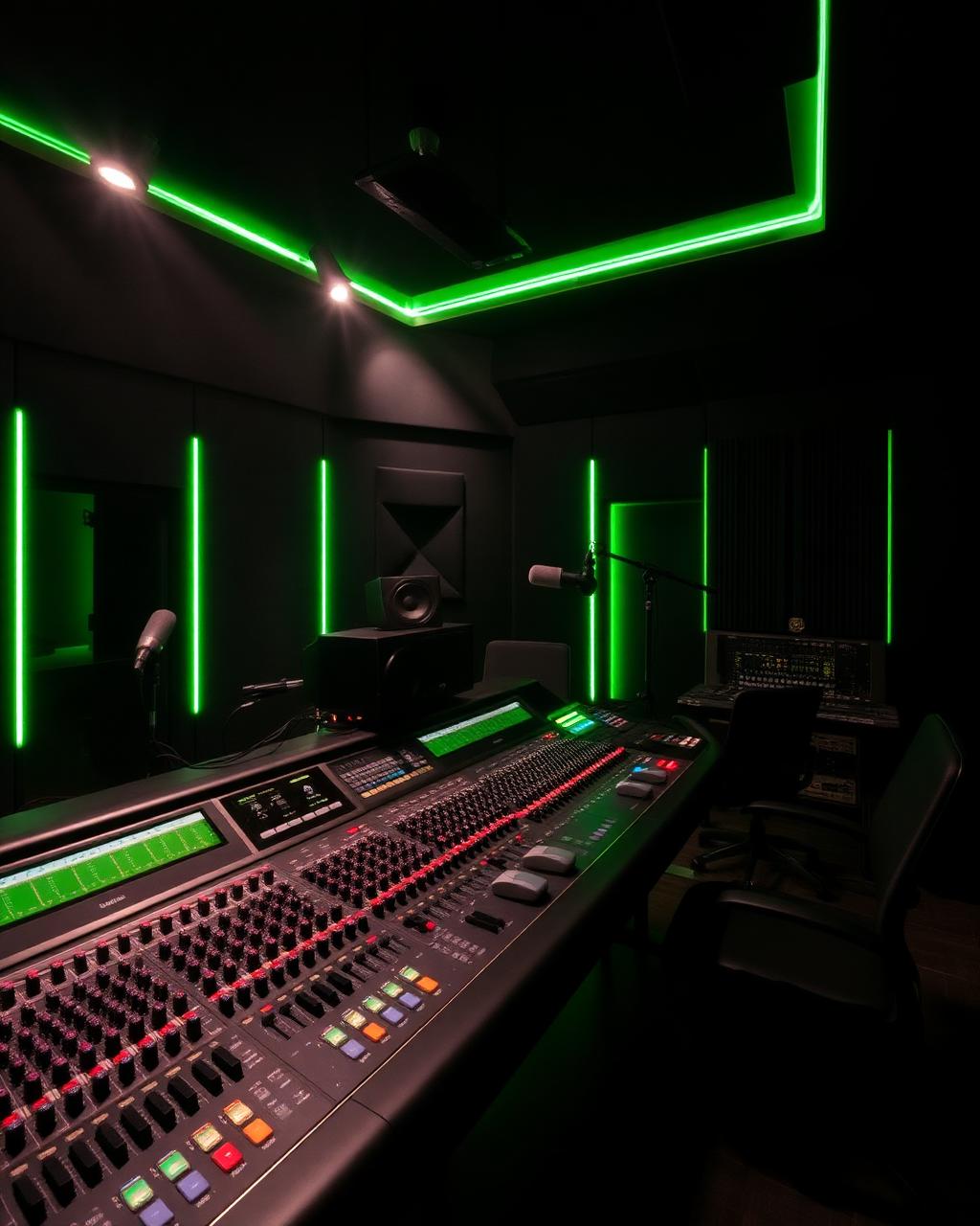 Studio d'enregistrement professionnel à Abidjan avec console de mixage analogique et lumières néon vertes